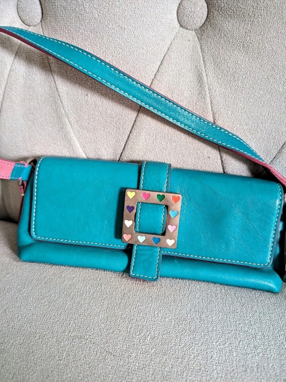 Dooney & Bourke Enameled Heart Buckle Flap Shoulder Bag Blue & Pink